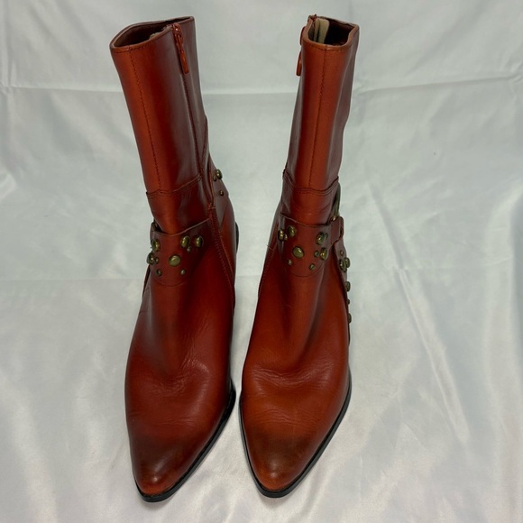 Vintage Harley Davidson Women’s 7.5 Burnt Orange Harness Heeled Boots Side Zip - Picture 2 of 14